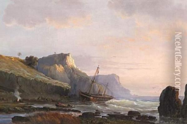 Shipwreck By A Southern Coastal Cliff Oil Painting - Egidius Linnig