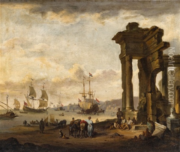 A Southern Harbour View Oil Painting - Johann Georg Stuhr