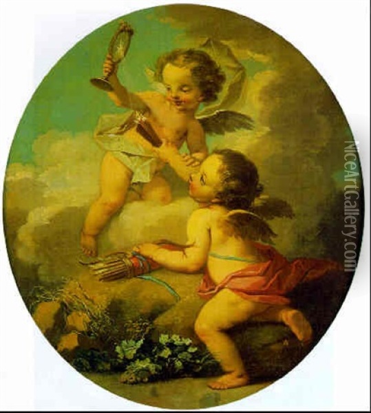 An Allegory Of Love: Putti Disporting In A Landscape Oil Painting - Etienne Jeaurat