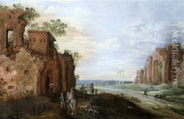 Cavaliers Pres De Ruines Oil Painting - Simon Jordaens