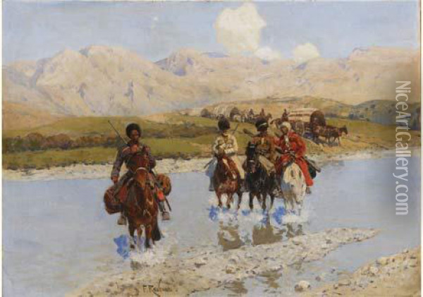 River Crossing Oil Painting - Franz Roubaud