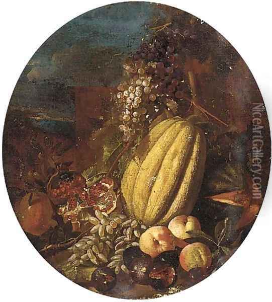 Melons, pomegranates, grapes, figs and apples in a clearing Oil Painting - Michele Pace Del (Michelangelo di) Campidoglio