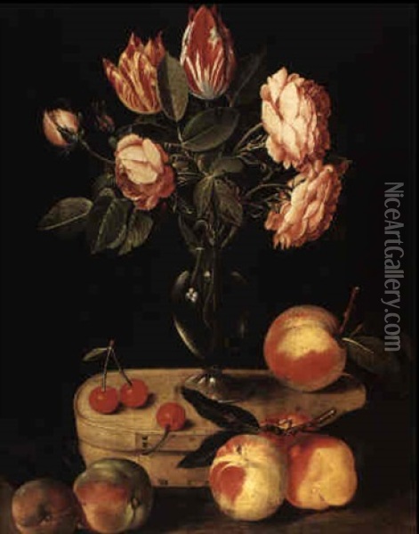 Still Life Of Peaches And Cherries With Flowers In A Vase On A Box Oil Painting - Jacques Linard