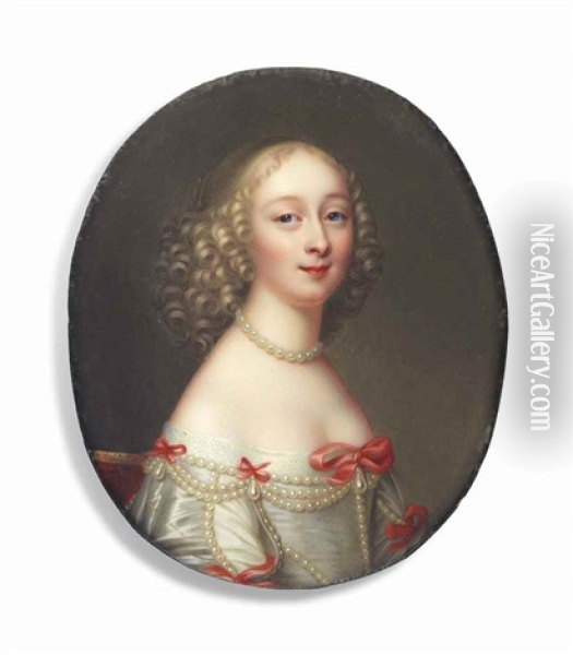A Lady Called Ninon De L'enclos (1620-1705), In White Silk Dress Adorned With Strings Of Pearls And Pink Bows, Wearing A Pearl Necklace Oil Painting - Henry-Pierce Bone