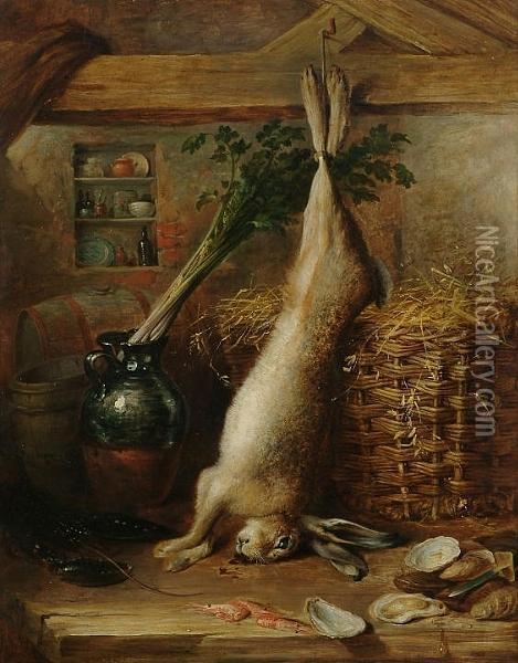 Still Life Of A Hare, Oysters And A Jug Of Celery In A Larder Oil Painting - Samuel Eglington