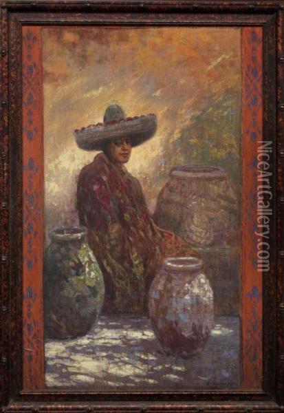 Man With Sombrero Oil Painting - Ralph Davidson Miller