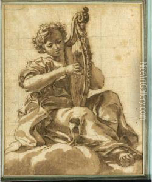 An Angel Seated In The Clouds Playing A Harp Oil Painting - Giovanni Battista (Baciccio) Gaulli