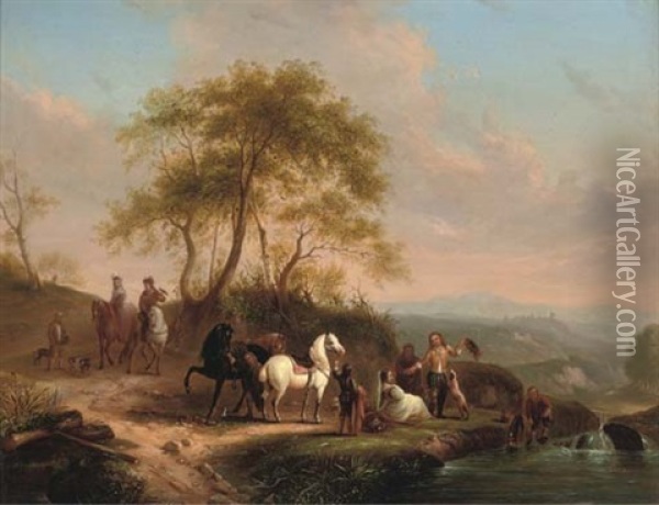 Fete Champetre (after Philips Wouwerman) Oil Painting - Henry Andrews