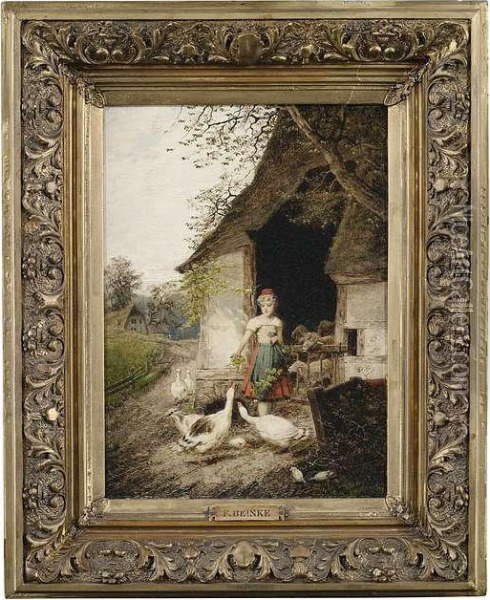 A Goose Maiden In Frontof A Stable. Oil Painting - Fritz Beinke