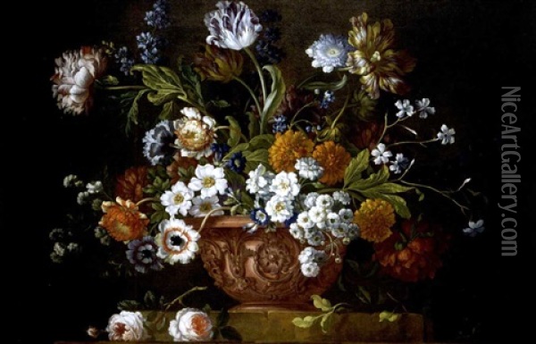 Still Life Of Roses, Variegated Tulips, Convolvuli, Peonies And Other Flowers In An Elaborate Terracotta Bowl, Resting On A Stone Socle Oil Painting - Pieter Casteels III