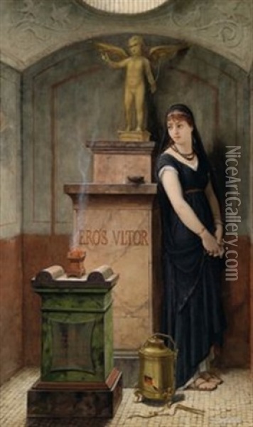 Vestalin Bei Der Statue Des Erzurnten Eros Oil Painting - Louis Hector Leroux