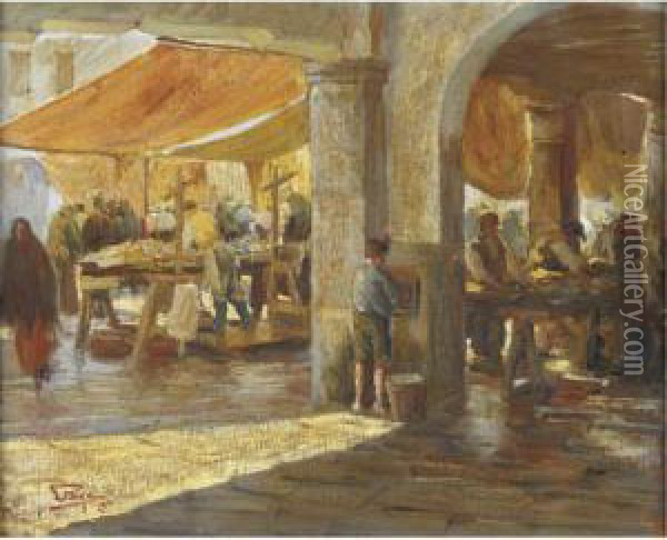 Mercato Del Pesce A Venezia Oil Painting - Angelo Pavan