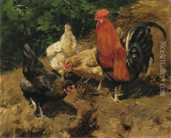 Kakas Tyukokkal (cock With Hens) Oil Painting - Gyoergy Vastagh