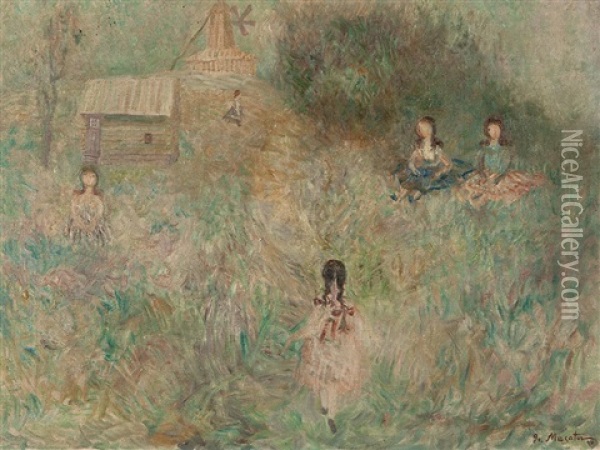 Girls On A Meadow Oil Painting - Grigorij Musatov