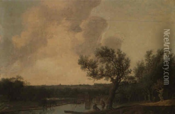 River Landscape With Figures In The Foreground , A Bridge Beyond Oil Painting - Anthony Jansz van der Croos