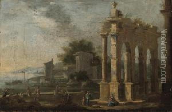 A Coastal Landscape With Figures By Classical Ruins Oil Painting - Leonardo Coccorant