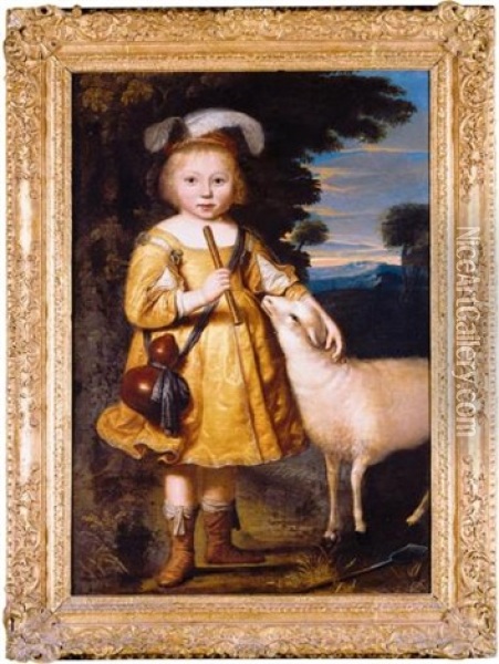 Portrait Of A Young Child, Full Length, Dressed As A Shepherd And Holding A Pipe, A Lamb Beside Him Oil Painting - Dirck Dircksz van Santvoort