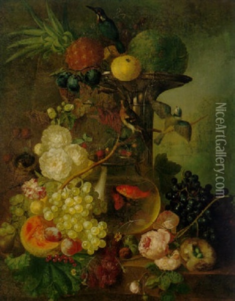Still Life Of A Pineapple, Melons, Plums, Grapes And Other Fruits, Roses, Birds' Nests And Two Goldfish In A Glass Bowl Oil Painting - Jan van Os