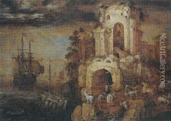 A Coastal Scene Under A Glowering Sky, With Goats And Other Animals And Peasants Among Ruins Oil Painting - Roelandt Savery