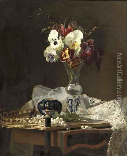 A still life with violets in a Venetian vase Oil Painting - Henry George Todd
