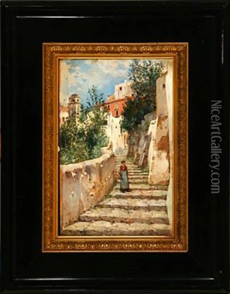 Italian Woman On A Staircase Oil Painting - Holger Hvitfeldt Jerichau