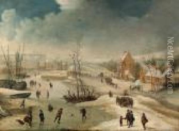 A Village In Winter With Figures Skating On A Frozen River Oil Painting - Frans de Momper