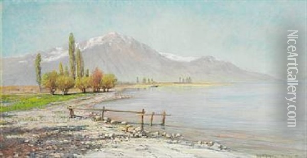 Scene From Villeneuve With A View Of Lac Leman And The Alps Oil Painting - Holger Hvitfeldt Jerichau