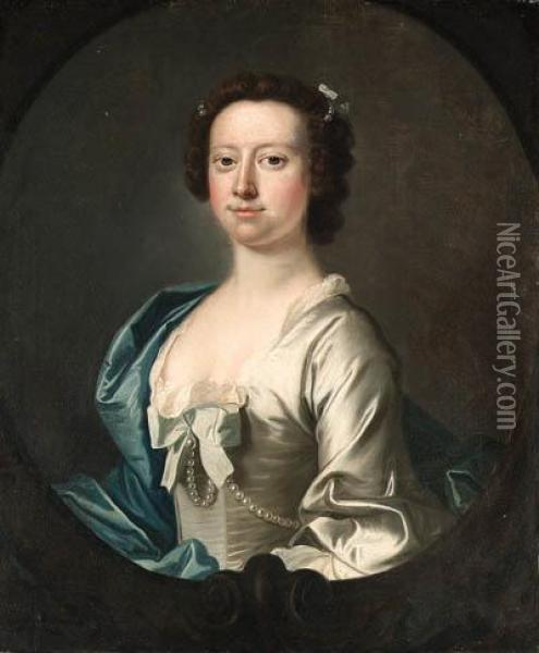 Portrait Of A Lady, Half-length, In A White Dress And A Blue Wrap,sculpted Oval Oil Painting - Thomas Hudson