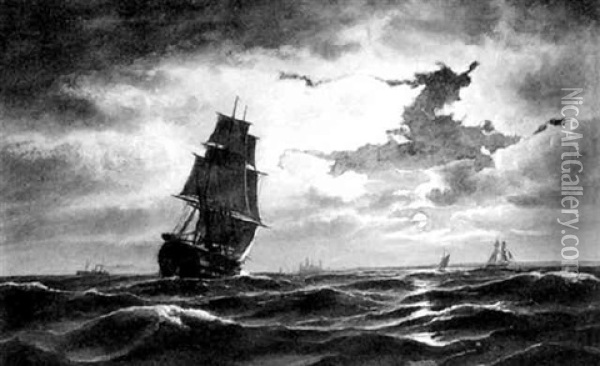 Marine Med Sejlskibe I Maneskin Ud For Kronborg Oil Painting - Carl Ludwig Bille