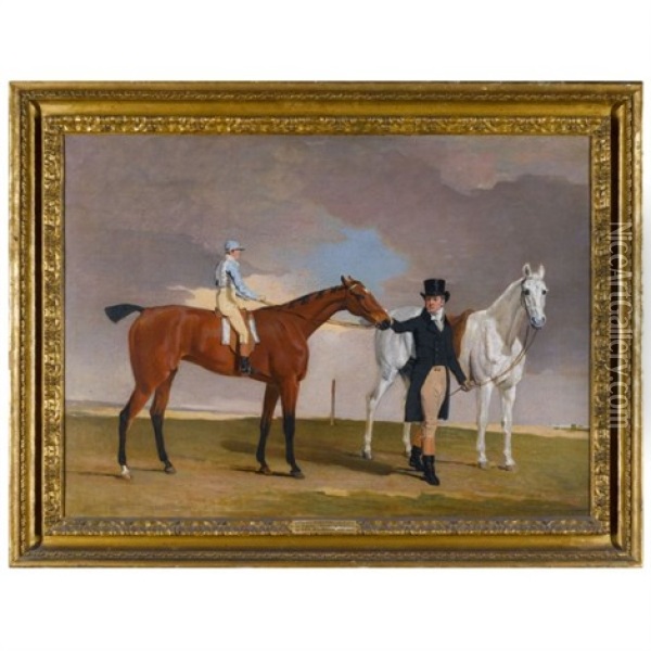 Lord Rous's Racehorse "shrapnell", With His Trainer, Dixon Boyce, And Jockey, William Arnull Up Oil Painting - Benjamin Marshall