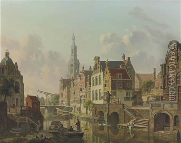 A Busy Canal In Holland Oil Painting - Jan Hendrik Verheyen