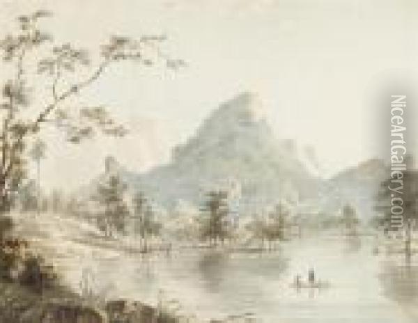 A River Scene Near Mysore With Figures On A Raft Oil Painting - Thomas Daniell