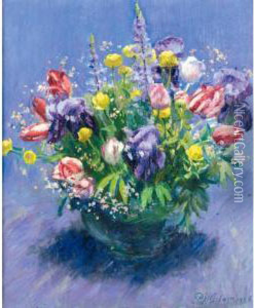 Tulips Marsh Marigolds, Irises And Lupins In A Vase Oil Painting - Patrick William Adam