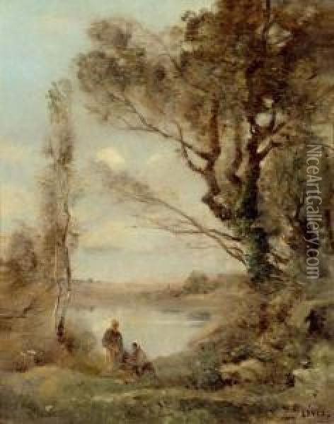 Landscape With Pond And Washerwomen. Oil Painting - Maurice Levis
