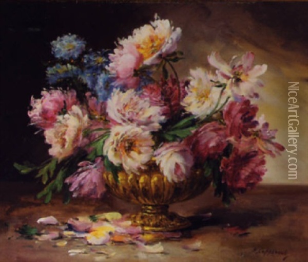 Still Life With Roses And Fluted Brass Vase Oil Painting - Edmond Van Coppenolle