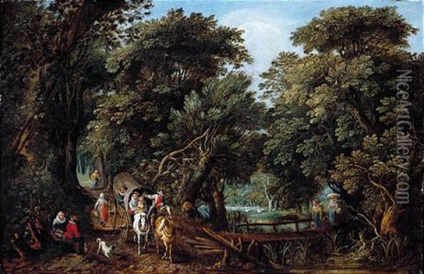 A Forest Landscape With Travellers In A Coach And Washerwomen Crossing A Bridge Oil Painting - Willem Van Den Bundel
