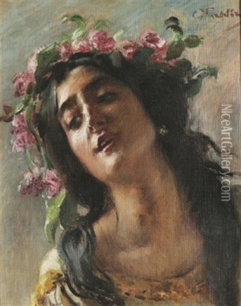 Woman With Garland (study) Oil Painting - Konstantin Egorovich Makovsky