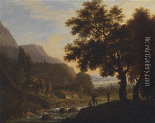 A Mountainous River Landscape With Anglers In The Foreground Oil Painting - Jean Victor Bertin