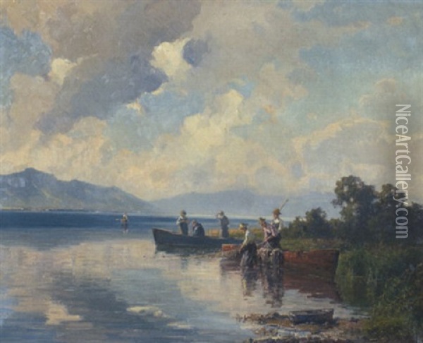 Fischer Beim Einholen Der Netze Am Ufer Des Cheimsees Oil Painting - Willy Moralt