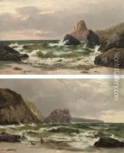 Waves Crashing On The Coast At Dusk Oil Painting - Sidney Richard Percy