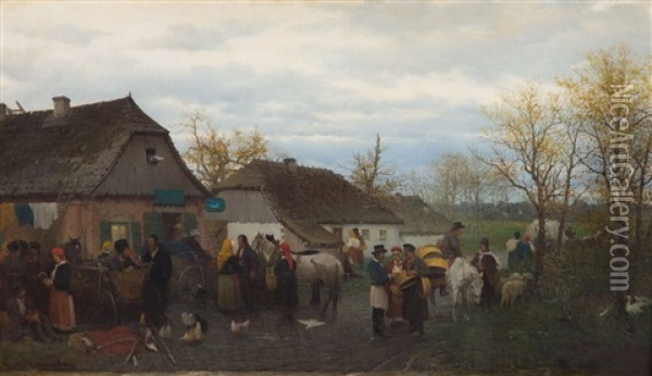 In A Village Oil Painting - Ludwik Kurella