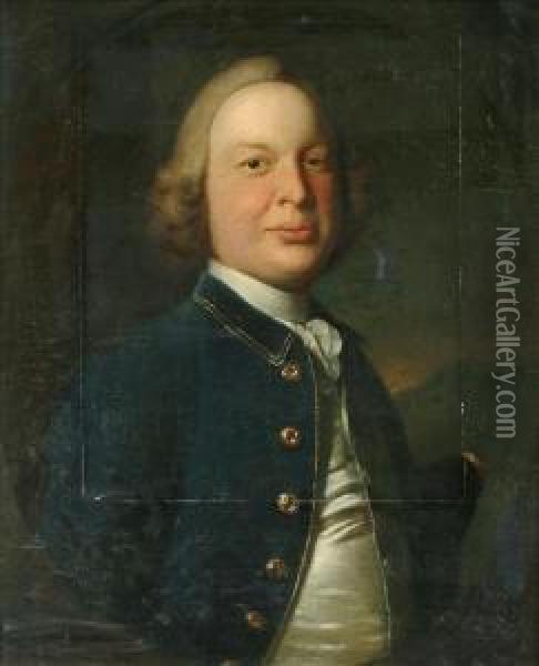 Portrait Of Agentleman Head And Shoulders Wearing A Blue Coat Oil Painting - Frans Van Der Mijn