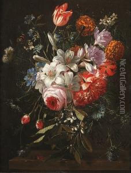 Lilies, Tulips, Chrysanthemums, 
Thistles And Other Flowers In A Glass Vase With A Butterfly And A Beetle
 On A Ledge Oil Painting - Gaspar-pieter The Younger Verbruggen