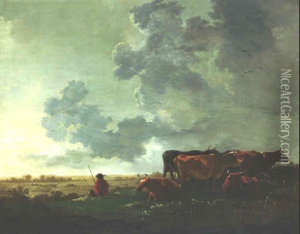 A Herdsman Seated On The Far Bank Of A Hillock With Six Cows In An Extensive Landscape Beyond Oil Painting - Aelbert Cuyp
