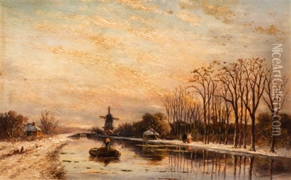 Dutch Canal On A Winters Day Oil Painting - Hendrik Dirk Kruseman van Elten