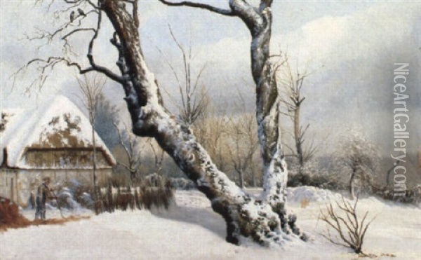 Vinterlandskab Med Tr+er, Hus Og Person Oil Painting - Vilhelm Peter Karl Kyhn