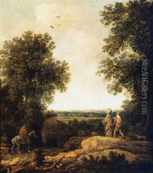 A Wooded Landscape With Horse Drawn Carriages And Travellers Oil Painting - Pieter De Molijn