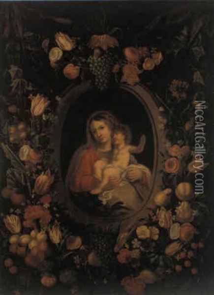 Blumen- Und Fruchtegirlande Um Eine Kartusche, Madonna Mit Kind Oil Painting - Jan van Kessel the Elder