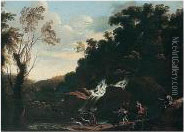 Landscape With A Stag Hunt Oil Painting - Pandolfo Reschi