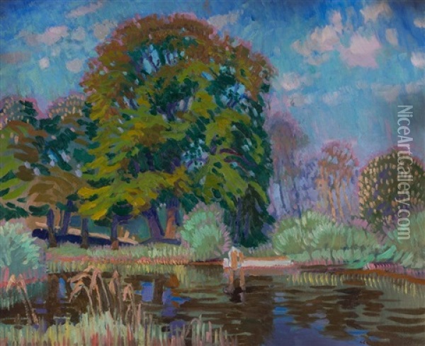 Pejzaz Z Drzewami Nad Woda Oil Painting - Henryk Uziemblo